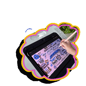 The illustrator is live-scribing the keynote address for a major, global cloud-recording company's rebrand launch.