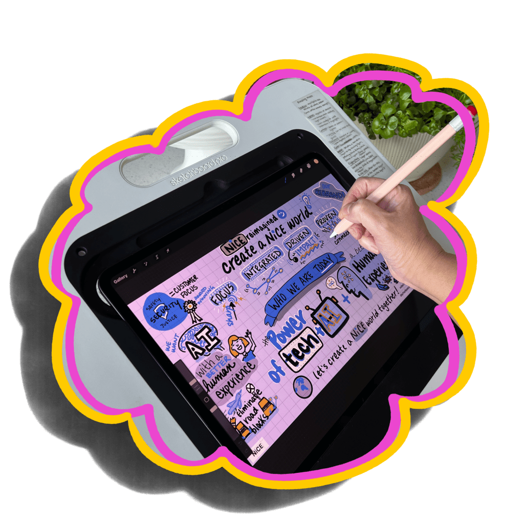 The illustrator is working remotely during a live event or using the clients presentation slides, to create an illustration that will be shared with the employees, sponsors, partners and clients. This information can be repurposed for corporate materials, reports and for office decor.