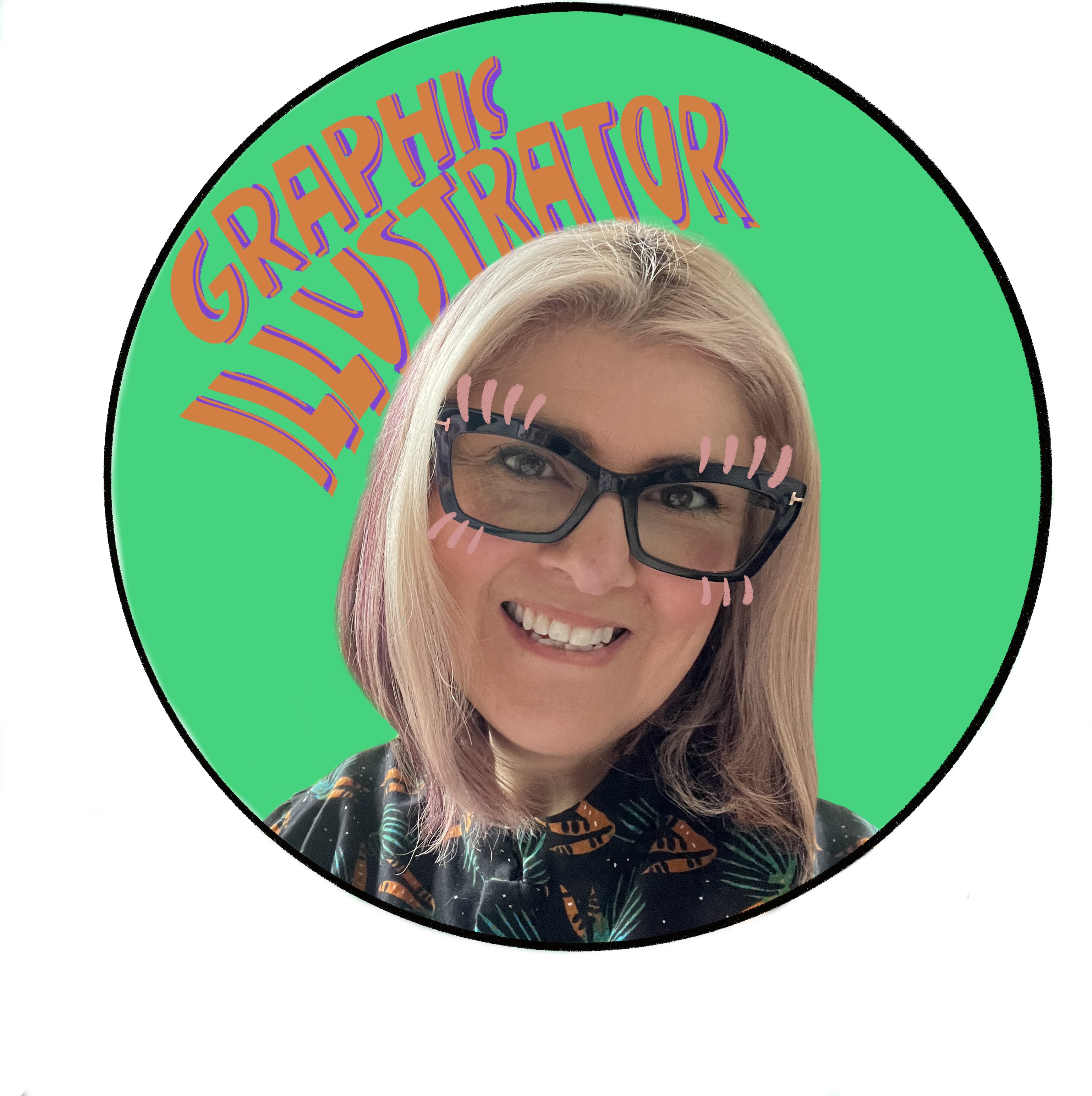 Headshot of the Graphic Illustrator, with a green background and lettering behind her describing what she does.